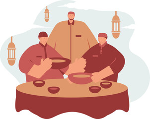 three fat male fraternities wearing all brown clothes are preparing to break their fast in the month of Ramadan
