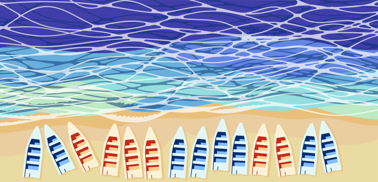 Sea, beach with boats.  Illustration in flat style.  Vector graphics