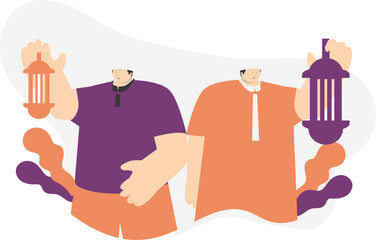 two fat men wearing purple and brown clothes equipped with white caps are standing carrying decorative hanging lamps celebrating Eid al-Fitr
