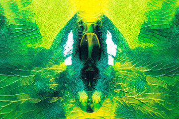 green yellow abstract acrylic painting color texture on white paper background by using rorschach inkblot method