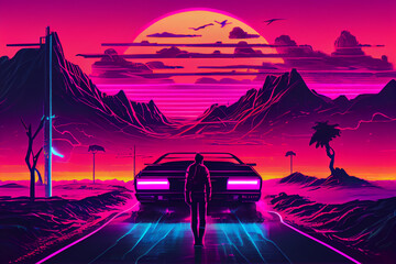 A man standing next to a car on a road, cyberpunk art, retrowave, synthwave