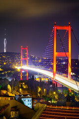 Istanbul. Night view of the city, the Bosphorus Bridge and Bosphorus