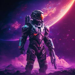 Fototapeta premium Space soldier on alien planet holding futuristic rifle - AI generated