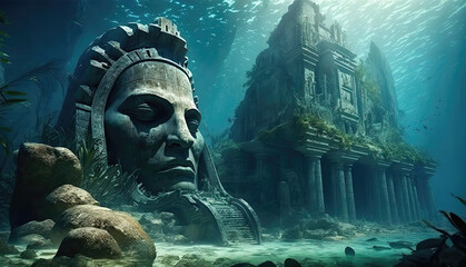 Atlantis, the lost underwater city. Lost civilization of Atlantis sunken deep in the ocean. Generative AI
