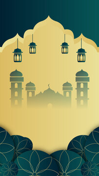 a greeting card with a background with a picture of a mosque, a place of worship for Muslims and an ornate chandelier enlivening the celebration of Eid al-Fitr
