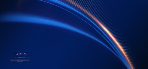 Luxury curve golden lines on dark blue background with lighting effect copy space for text. Luxury design style.