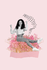 Creative collage black white filter photo picture poster postcard of happy girl celebrate march day isolated on pink painting background