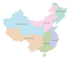 Map of China includes six regions isolated on white background pastel color.