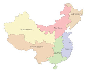 Map of China includes six regions isolated on white background