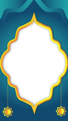 a picture of a greeting card to celebrate Eid al-Fitr in blue, accompanied by a chandelier decoration
