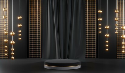 3d render of abstract realistic studio room with Luxury round pedestal stand podium with golden glitter in shape backdrop. Luxury black friday sale scene for product display presentation background