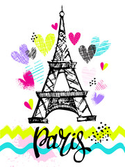 Paris print T-shirts and card. Hand lettering. Design for girls. Fashion illustration drawing in modern style. Girlish print with Eiffel Tower