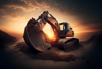Excavator in opencast on sunset, AI Generative Illustration. Electric EV futuristic excavator in open-pit. Digger with bucket. Electric excavator in a quarry during mining, future concept. - obrazy, fototapety, plakaty