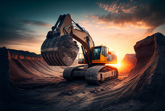 Excavator In Opencast On Sunset, AI Generative Illustration. Electric EV Futuristic Excavator In Open-pit. Digger With Bucket. Electric Excavator In A Quarry During Mining, Future Concept.