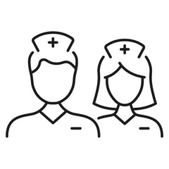 Medical Specialist Man and Woman Line Icon. Clinician, Doctor, Nurse, Intern, Hospital Staff Linear Pictogram. General Practitioners Outline Symbol. Editable Stroke. Isolated Vector Illustration