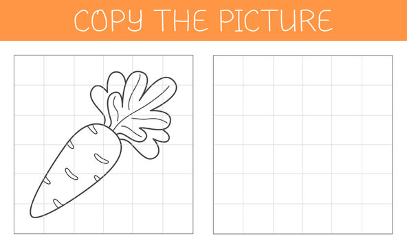 Copy the picture is an educational game for kids with a carrot. Cute cartoon carrot coloring book.