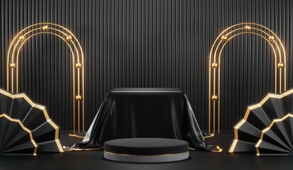 3d render of abstract realistic studio room with Luxury round pedestal stand podium with golden glitter in shape backdrop. Luxury black friday sale scene for product display presentation background