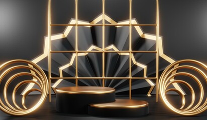Fototapeta na wymiar 3d render of abstract realistic studio room with Luxury round pedestal stand podium with golden glitter in shape backdrop. Luxury black friday sale scene for product display presentation background