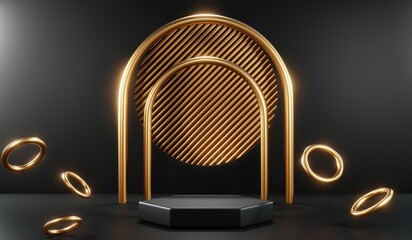 3d render of abstract realistic studio room with Luxury round pedestal stand podium with golden glitter in shape backdrop. Luxury black friday sale scene for product display presentation background