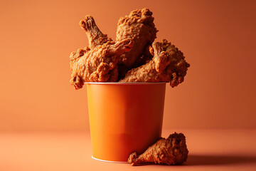 Wings and legs of fried chicken. On a brown background, a bucket filled with crispy fried chicken. Generative AI - obrazy, fototapety, plakaty