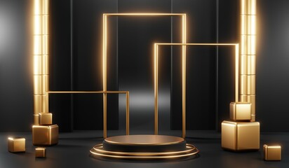 3d render of abstract realistic studio room with Luxury round pedestal stand podium with golden glitter in shape backdrop. Luxury black friday sale scene for product display presentation background