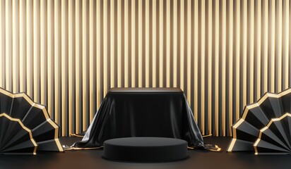 3d render of abstract realistic studio room with Luxury round pedestal stand podium with golden glitter in shape backdrop. Luxury black friday sale scene for product display presentation background