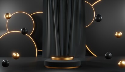3d render of abstract realistic studio room with Luxury round pedestal stand podium with golden glitter in shape backdrop. Luxury black friday sale scene for product display presentation background