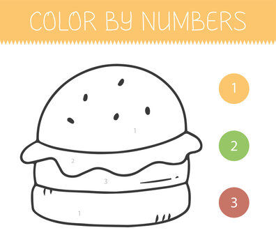 Color by numbers coloring book for kids with a burger. Coloring page with cute cartoon hamburger. Monochrome black and white.