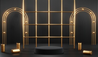 3d render of abstract realistic studio room with Luxury round pedestal stand podium with golden glitter in shape backdrop. Luxury black friday sale scene for product display presentation background