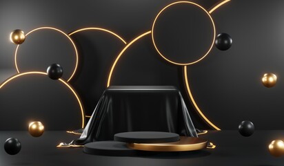 3d render of abstract realistic studio room with Luxury round pedestal stand podium with golden glitter in shape backdrop. Luxury black friday sale scene for product display presentation background