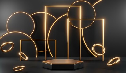 3d render of abstract realistic studio room with Luxury round pedestal stand podium with golden glitter in shape backdrop. Luxury black friday sale scene for product display presentation background