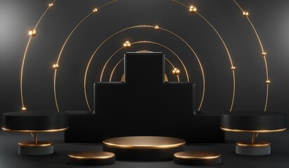 3d render of abstract realistic studio room with Luxury round pedestal stand podium with golden glitter in shape backdrop. Luxury black friday sale scene for product display presentation background