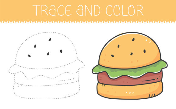 Trace and colour coloring book with burger for kids. Coloring page with a cute cartoon hamburger.