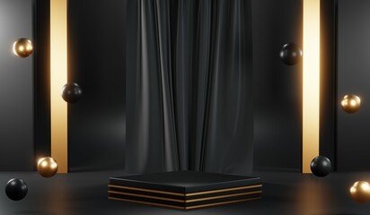 3d render of abstract realistic studio room with Luxury round pedestal stand podium with golden glitter in shape backdrop. Luxury black friday sale scene for product display presentation background