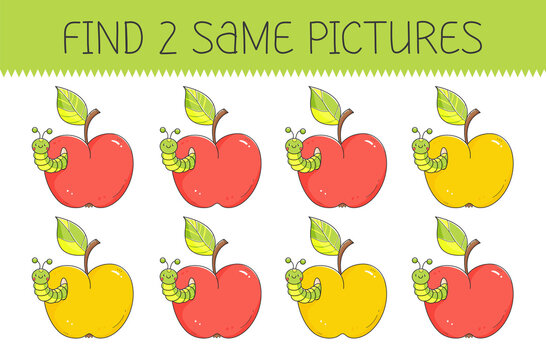 Find two same pictures is an educational game for kids with apple and caterpillar. Cute cartoon apple with worm.