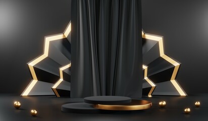 3d render of abstract realistic studio room with Luxury round pedestal stand podium with golden glitter in shape backdrop. Luxury black friday sale scene for product display presentation background