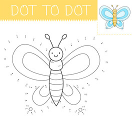 Dot to dot game coloring book with butterfly for kids. Coloring page with a cute cartoon butterfly. Connect the dots illustration.
