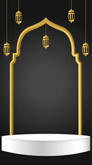 an illustration of the concept of a mosque, a place of worship for Muslims in black, with decorative hanging lamps
