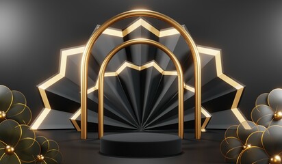 Fototapeta na wymiar 3d render of abstract realistic studio room with Luxury round pedestal stand podium with golden glitter in shape backdrop. Luxury black friday sale scene for product display presentation background