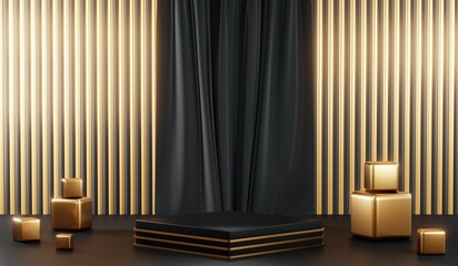 3d render of abstract realistic studio room with Luxury round pedestal stand podium with golden glitter in shape backdrop. Luxury black friday sale scene for product display presentation background