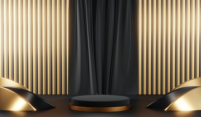 3d render of abstract realistic studio room with Luxury round pedestal stand podium with golden glitter in shape backdrop. Luxury black friday sale scene for product display presentation background