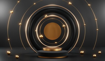 3d render of abstract realistic studio room with Luxury round pedestal stand podium with golden glitter in shape backdrop. Luxury black friday sale scene for product display presentation background