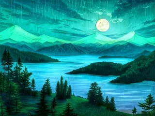 Zelfklevend Fotobehang Night landscape with mountains. The night landscape paintings show the full moon, light, forest and the sea beautifully. 3d rendering. © meymey