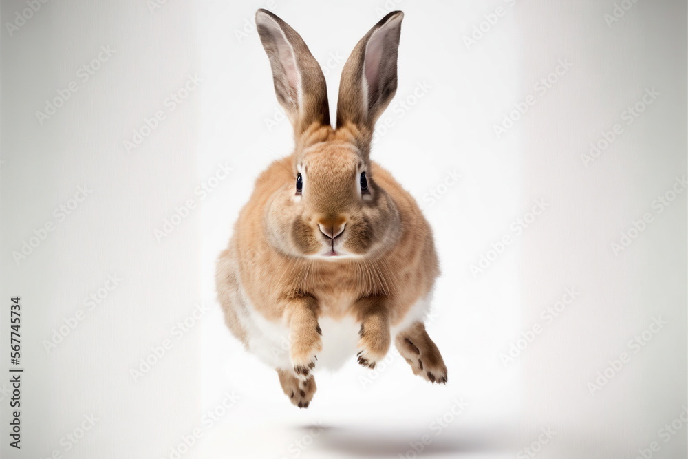 Wall mural white rabbit jump on white background, full body with free space, made by ai,artificial intelligence