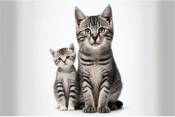 cat with baby cat on white background, full body with free space, Made by AI,Artificial intelligence