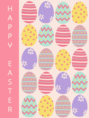 Happy Easter design with colorful Easter eggs pattern on a pastel pink background.