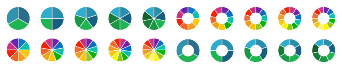 Circle pie chart icons. Pie charts diagram. Colorful diagram. Set of different color circles isolated. Pie chart for data analysis, business presentation, UI, web design. Vector illustration.