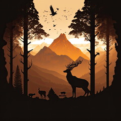  landscape mountain tree animals Silhouette, Made by AI,Artificial intelligence