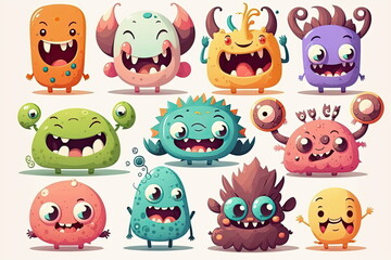 set of cartoon characters,happy and smile, cute monsters, white background, vector illustration, Made by AI,Artificial intelligence