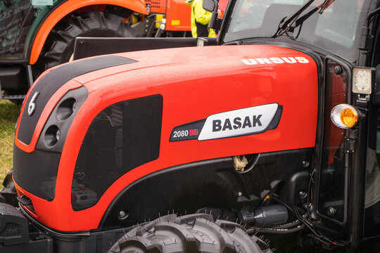 Bednary, Poland - September 25, 2021: Agroshow. Basak brand tractor machine. Manufacturer agricultural equipment. Detail and part of vehicle
